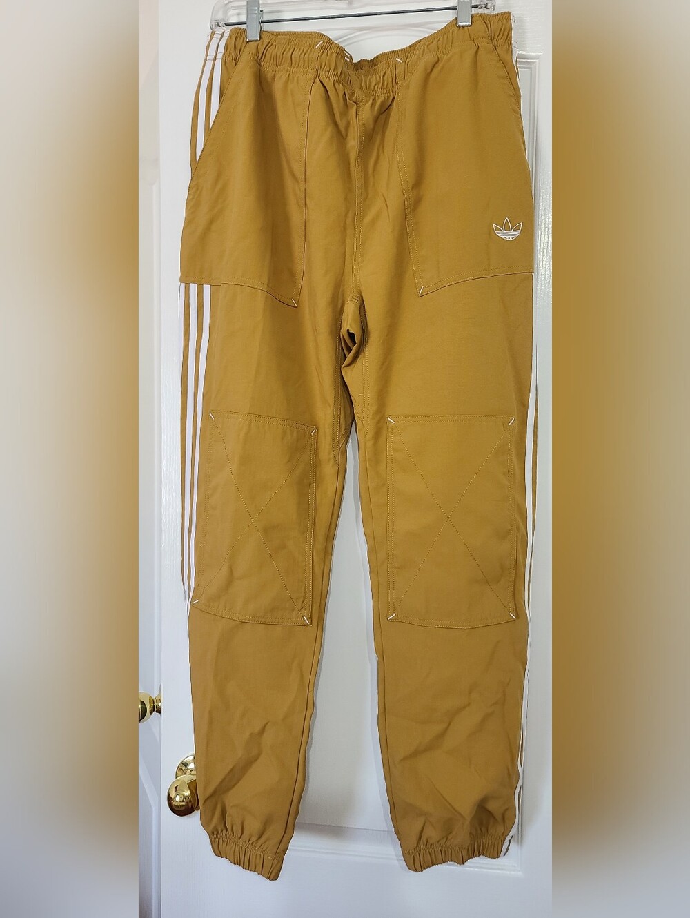 Adidas Men's Mustard Track Pants with Three-Stripe Detail